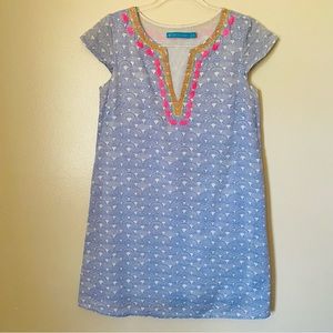 Tori Richard Blue Print Embroidered Peasant Sleeveless V-Neck Mini Dress